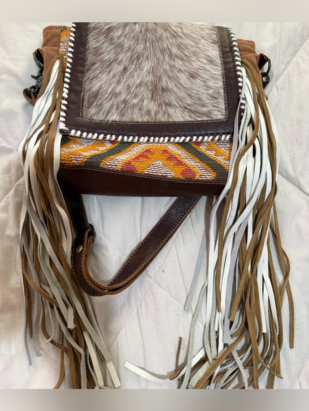 Boho Fringe Leather Crossbody Bag cow print - Brown & White